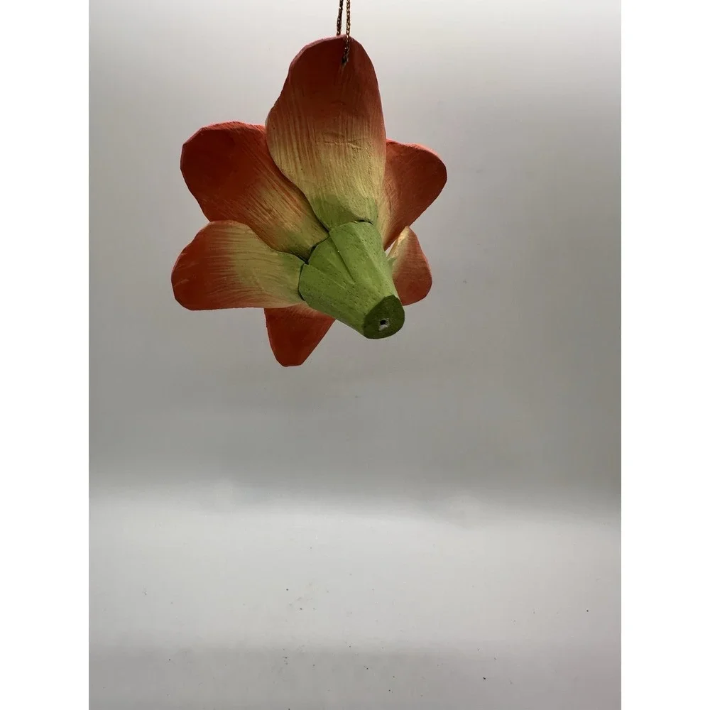 Glitter Amaryllis‎ Flower Hanging Ornament Red Green Hand Painted Wood 5